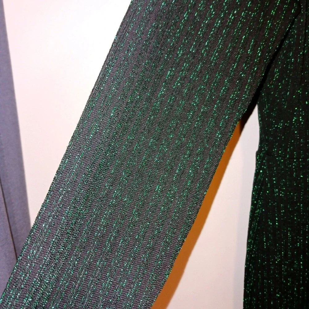 Holiday Party Disco Bling Sparkle Green Metallic Long Sleeve Wide Leg Jumpsuit L
